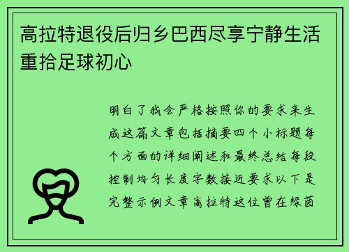高拉特退役后归乡巴西尽享宁静生活重拾足球初心 高拉特退役后归乡巴西尽享宁静生活重拾足球初心
