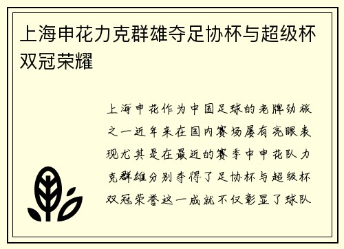 上海申花力克群雄夺足协杯与超级杯双冠荣耀 上海申花力克群雄夺足协杯与超级杯双冠荣耀
