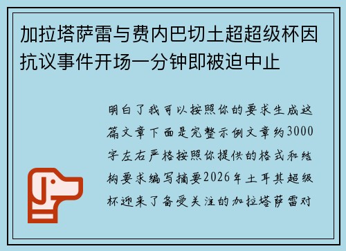 加拉塔萨雷与费内巴切土超超级杯因抗议事件开场一分钟即被迫中止 加拉塔萨雷与费内巴切土超超级杯因抗议事件开场一分钟即被迫中止